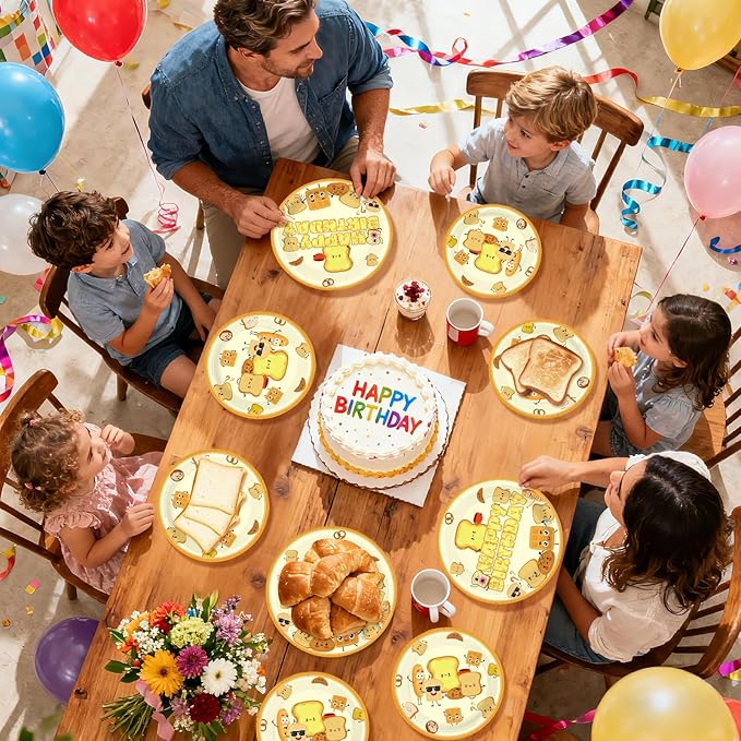 96Pcs Toast Bread Birthday Party Supplies Breakfast Bread Plates and Napkins Disposable Toast Food Theme Tableware Set for Kids Happy Birthday Party Decorations Serves 24