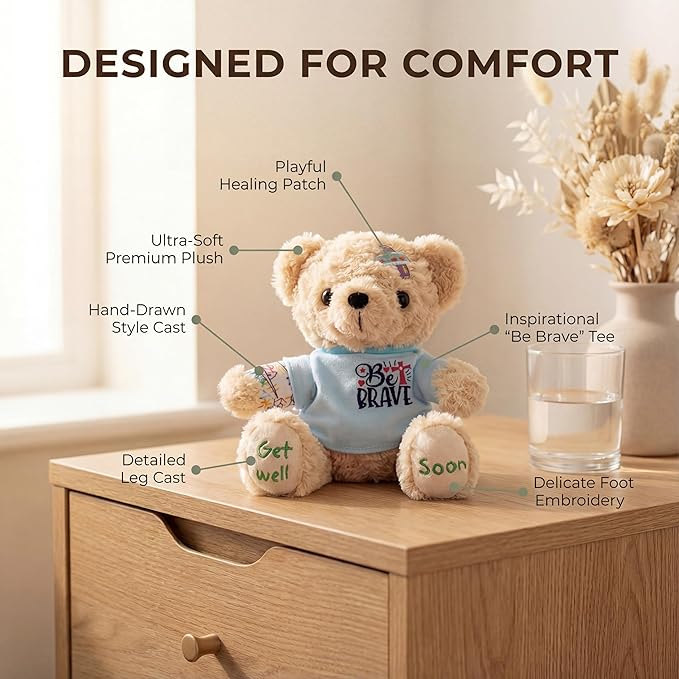 Get Well Soon Bear for Surgery Recovery Gifts, Emotional Comfort Stuffed Animal for Kids & Women, Tonsillectomy & Appendix Post-Op Plush, Be Brave Hospital Patient Companion, 8 Inch Beige