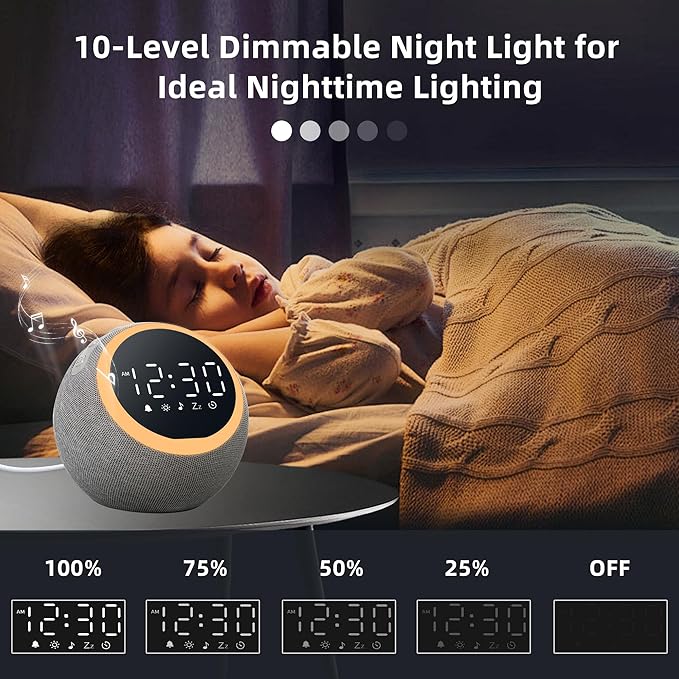 Smart Alarm Clock for Bedrooms, Digital Alarm Clock with White Noise Hatch Sound Machine, 25 Sounds, Night Light, Snooze, Sleep Timer, Adjustable Volume for Kids, Adults,Teens, Heavy Sleepers