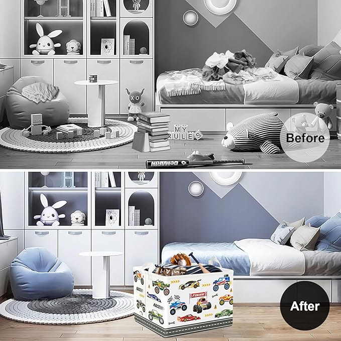 Clastyle City Car Baby Laundry Hamper Kid Storage Basket Boy Gift Toy Box Collapsible Clothes Organizer Nursery Bin for Bedroom,Monster Truck,40 * 30 * 30 cm