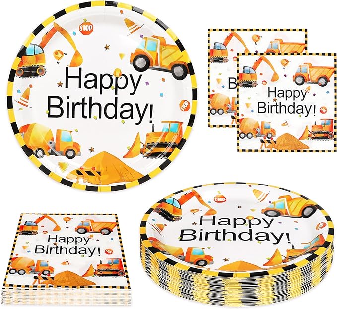 50 Pcs Construction Plates and Napkins Party Supplies, 9inch Construction Theme Plates, Disposable Dump Truck Plates and Napkins Tableware Set for Kids Boys Birthday Party Decorations, 25 Guests