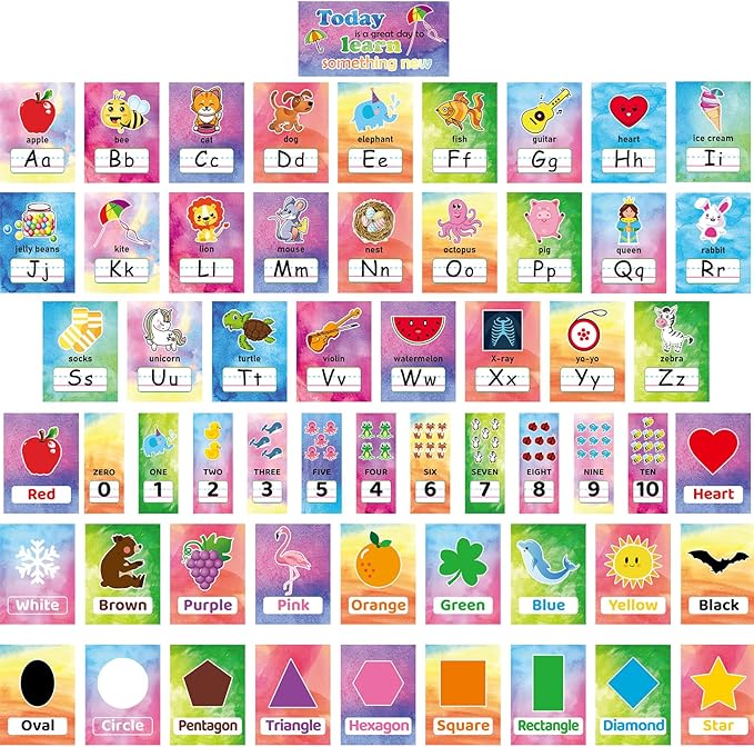 58 Pieces Educational Preschool Cards Kids Early Learning Poster Alphabet Number Colors and Shapes Bulletin Board Decoration Kindergarten Classroom Learning Card with Glue Point Dot (Watercolor Style)