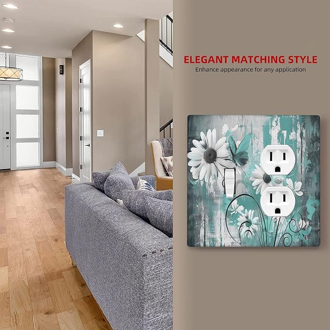 Wallplates Teal Daisy Floral Vintage Wood Plank 1 Toggle 1 Duplex Switch Plate Electrical Gfci Faceplate Decorative Light Switch Covers For Farmhouse Cabin Decor