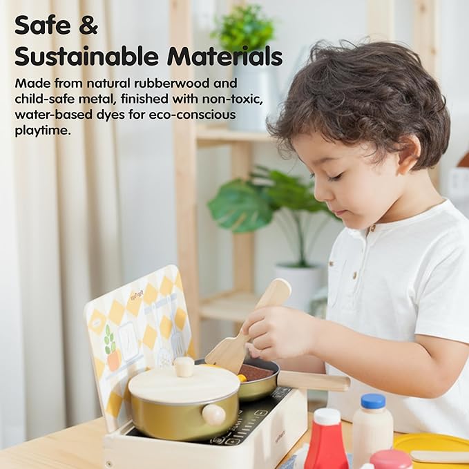 PlanToys® Pretend Play Wooden Cooking Utensils Set | Kitchen Toy for Imaginative Cooking | Encourages Creativity, Practical Life Skills & Montessori-Inspired Play