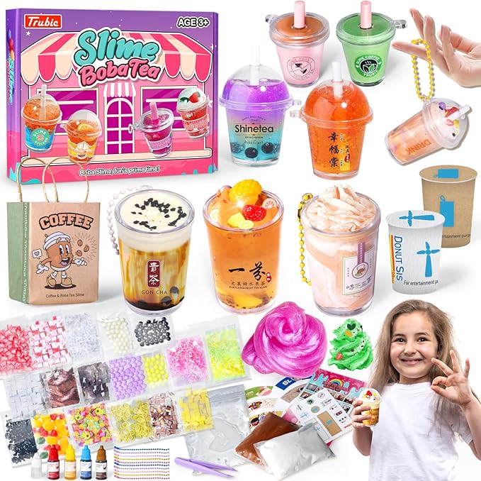 Miniature Cafe & Boba Tea Slime Kit for Kids, 53PCS Mini Dessert Cup Slime Making Kit, Kitchen DIY Pretend Play Food Toys, Party Goodie Bag Stuffers for Girls Ages 4 5 6 7 8 9 10
