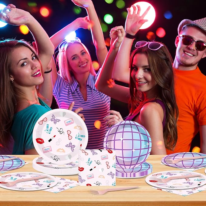 96Pcs Era's Birthday Party Plates and Napkin Women Music Birthday Party Supplies Iridescent Disco Dessert Plates Music Tableware Set for 24 Guest Bachelorette Decorations