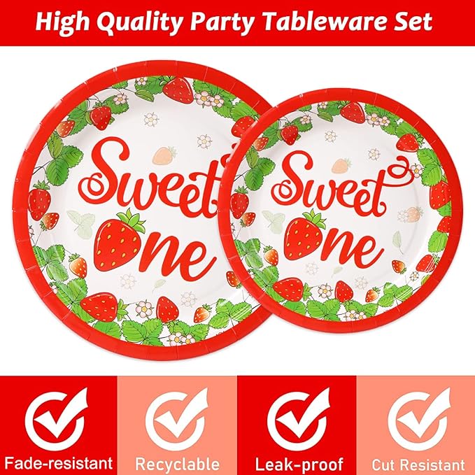 Strawberry Birthday Decorations, 75 Pcs Disposable Fruit Paper Plates and Napkins Tableware Set Party Supplies for Girl Sweet One Baby Shower Berry First Strawberry Themed Birthday Decor, Serves 25