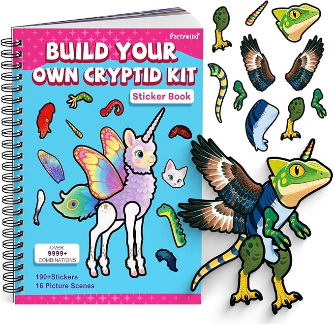 PARTYWIND Sticker Book for Toddlers, Cryptid Animals Sticker Book with 16 Scenes + 11 Sheet Stickers for Boy & Girl, Airplane Travel Toy Essentials, Cryptid Construction Kit Book for Kids Age 3-5