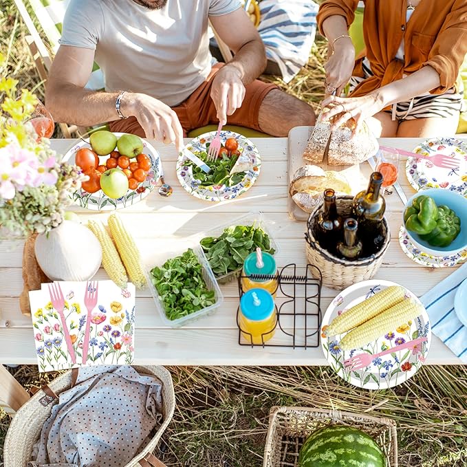 100 Pcs Spring Floral Party Supplies Set, Serves 25 – Disposable Flower Paper Plates, Napkins, and Forks, Garden Bloom Themed Tableware for Picnic, Tea Party, Birthday, and Mother’s Day Decorations