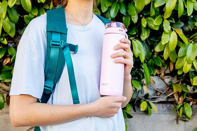 Ello Cooper 40oz Stainless Steel Water Bottle with Straw and Carry Handle, Double Walled and Vacuum Insulated Metal, Leak Proof Locking Lid with Soft Silicone Spout, Reusable, BPA Free, Cashmere Pink