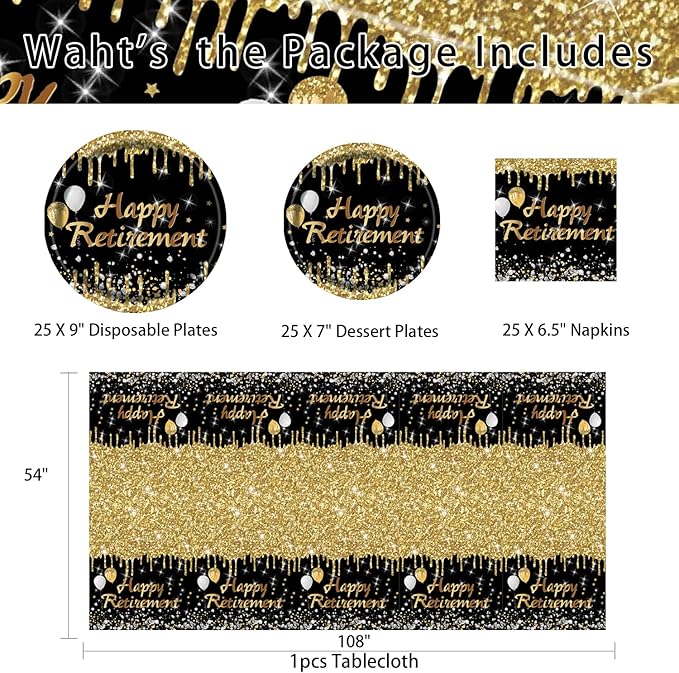 Retirement Party Plates and Napkins Set,Happy Retirement Party Supplies Decorations for Men Women Gold and Black Disposable Tableware Kit, Serves 25
