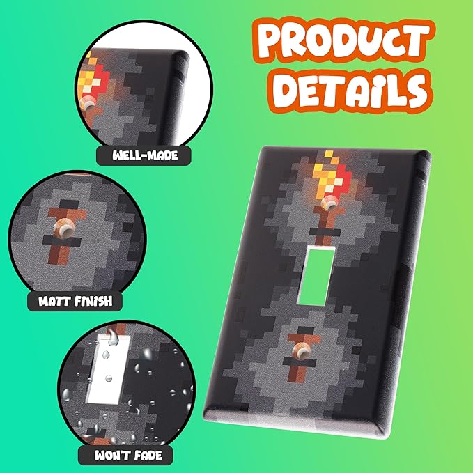 Pixel Light Switch Cover Plate - Decorative Wall Plate for Gamer Bedroom Decor – Retro 8-Bit Art Decoration for Kids Room & Video Game Themed Makeovers (Standard Toggle Fit)