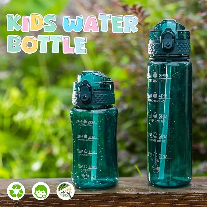 OLDLEY 12oz Kids Water Bottle for school Girls Boys, Motivational Water Bottles With Silicone Straw, Leak-Proof Tritan BPA-Free, Reusable water bottles for kids, Trout Green