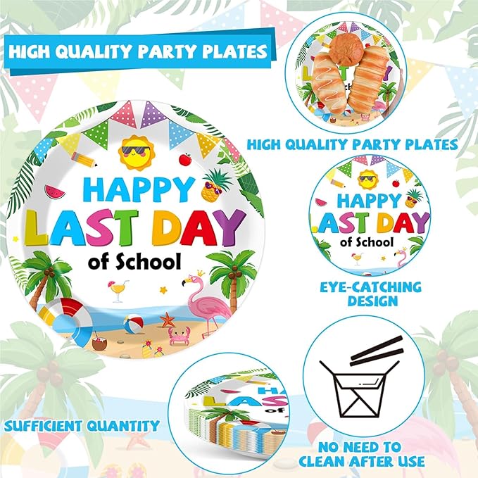 96 Pcs Happy Last Day of School Paper Party Plates and Napkins for Summer Tropical Beach Pool Supplies Summer End of School Year Dessert Tableware Set for 24 Guests Birthday Party Decorations