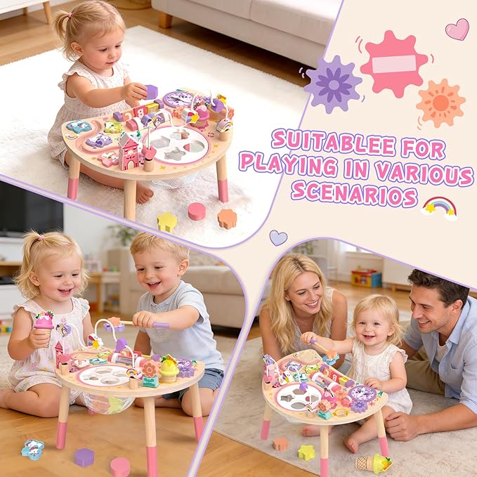 Wooden Activity Table for Toddlers 1-3, Unicorn 10-in-1 Montessori Busy Board with Bead Maze Shape Matching Gears Clock, Sensory Learning Toys for 1 2 3 Year Old Girls Boys Birthday Gift