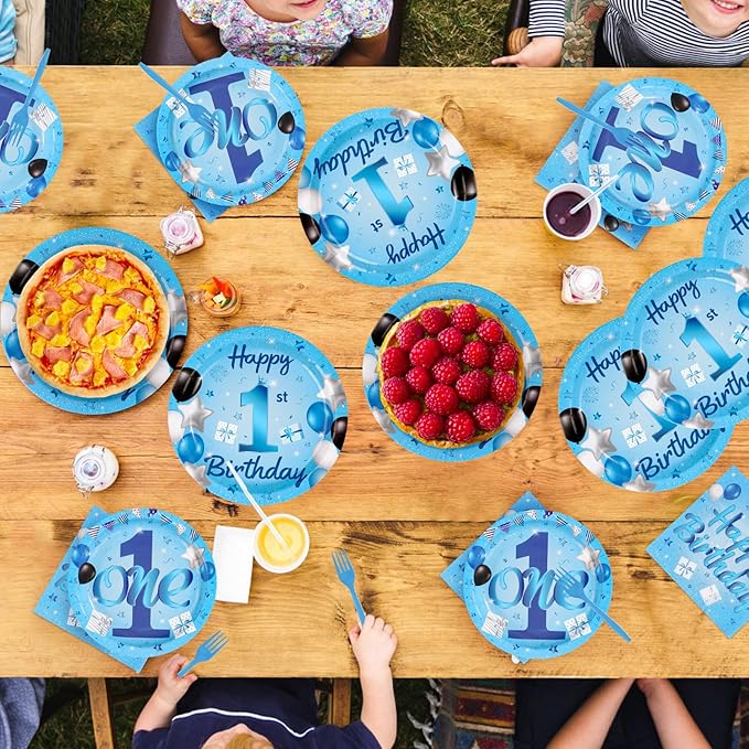 96Pcs Blue 1st Birthday Party Decorations Mr Onederful Plates and Napkins Baby Boy Happy Birthday Tableware Set Supplies for One Year Old Baby Shower Holiday Party Favors Serves 24