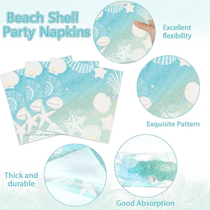 Seashell Beach Party Plates Napkin Fork Nautical Coastal Birthday Party Tableware Set Ocean Starfish Dinnerware Supply for Summer Holiday baby shower Wedding Bridal Decoration favor Serve 50