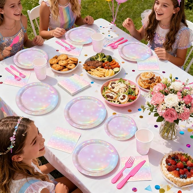 168Pcs Pink Pastel Rainbow Party Decorations Pink Iridescent Plates and Napkins Cups Tableware Sets Rainbow Party Decorations for Rainbow on Cloud 9 Birthday Weddings Baby Shower Supplies Serves 24