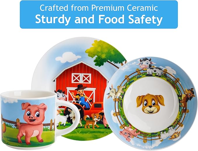 MIAMIO – Set of 3 Kids Dinnerware Set/Porcelain Children Dishes, Kids Dish Set, Children’s Tableware Set - Includes Plate, Bowl and Cup – For Kids and Toddler (Farm)
