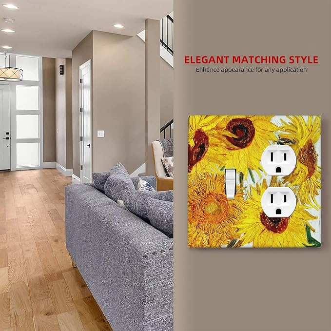 Rustic Sunflower Oil Painting Vintage Flowers Wallplates 1 Toggle 1 Duplex Switch Plate Electrical GFCI Faceplate Decorative Light Switch Covers for Bed Room Living Room Decor