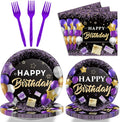 Wiooffen 96 Pcs Purple Birthday Party Plates Napkins Tableware Set - Purple and Black Happy Birthday Party Supplies Disposable Dinnerware for 24 Guests