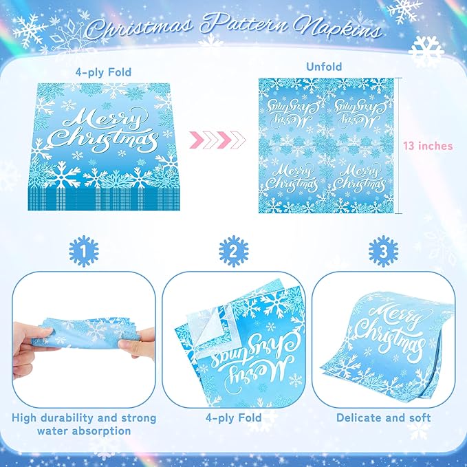 96PCS Blue Christmas Plates Napkins Forks for Party Decorations, Set of 24 Snowflakes Merry Christmas Disposable Tableware Supplies, Blue White Paper Plates for Winter Xmas Party