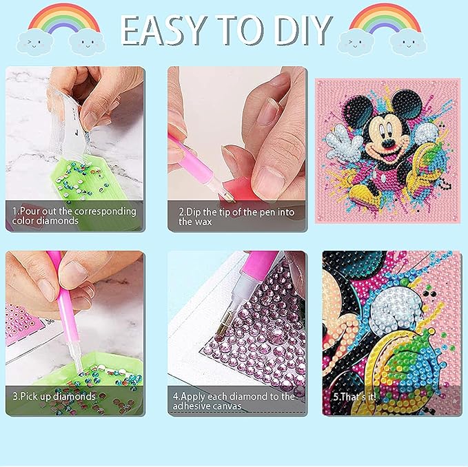 Fuinkqe 4 PCS Diamond Art Kits for Kids, Cartoon Diamond Art for Kids Ages 4-8-12, Diamond Art Painting Mosaic Kits for Gift Home Wall Decor (6x6 inch)