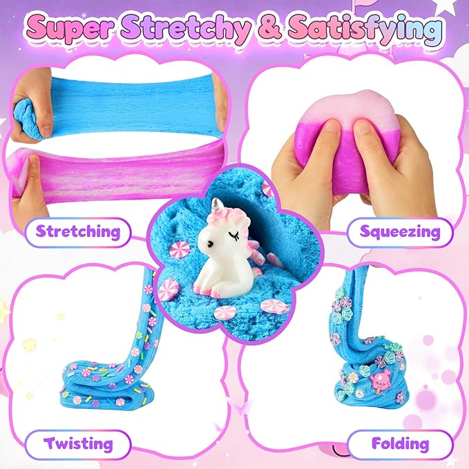 2 Pack 250ml Unicorn Cloud Slime Kit for Girls Boys - Scented Fluffy Cloud Slime with Cute Unicorn Charms - Non-Sticky Sensory Fidget Toys for Stress Relief & ASMR - DIY Slime Gift for Kids