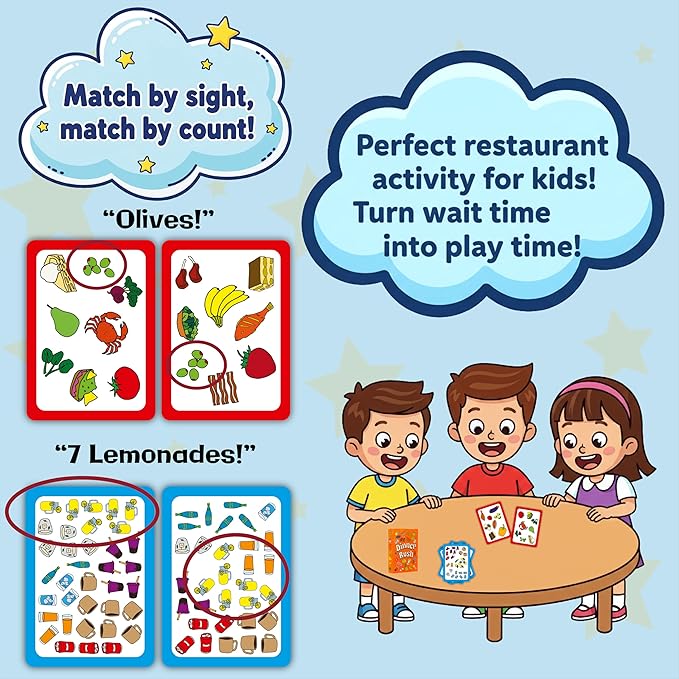 Dinner Rush Card Game - Pocket-Sized Kids Restaurant Activities - 2-in-1 Picture and Quantity Matching - Smart Card Games - Matching Games for Kids - 2-4 Players, Ages 4-8