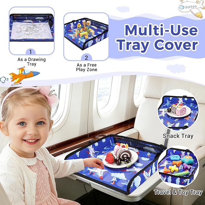 COOLBEBE Airplane Tray Table Cover Foldable Travel Tray Cover for Toddlers 1-3 Universal Fit for Airplane, Car Seat, High Chair Machine Washable, Portable Blue Plane