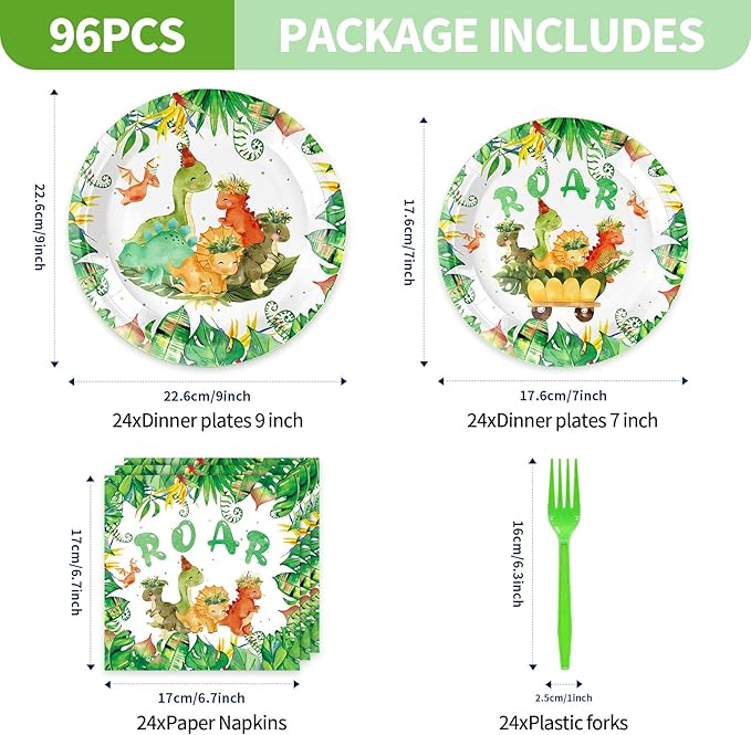 96 Pcs Dinosaur Party Supplies for Kids Birthday – Disposable Dinosaur Tableware Set with Plates, Napkins & Forks, Dinosaur Theme Party Decorations for Boys Girls,Serves 24 Guests