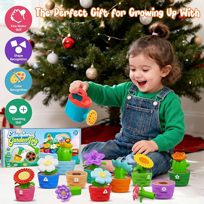 Montessori Flower Garden Building Toy for Toddlers, Gardening Set with Watering Can, Shovel, Rake, Shape & Color Sensory Toys, Preschool Learning Toys,Toddler Outdoor Toys,Gift for Baby Girls Boys