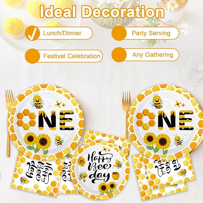 Qyeahkj 100 Pcs Bee 1st Birthday Party Supplies Paper Plates and Napkins Set Disposable Bee First Birthday Tableware Decorations for Bees Theme Baby Shower Serves 25