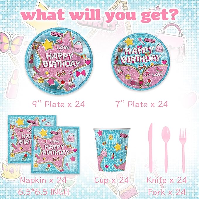 Surprise Theme Party Supplies for kids Doll Themed Birthday Party,Blue & Pink Cartoon Doll Birthday Decorations Disposable Tableware Set With Plates, Cups, Napkins & Cutlery for 24 Guests