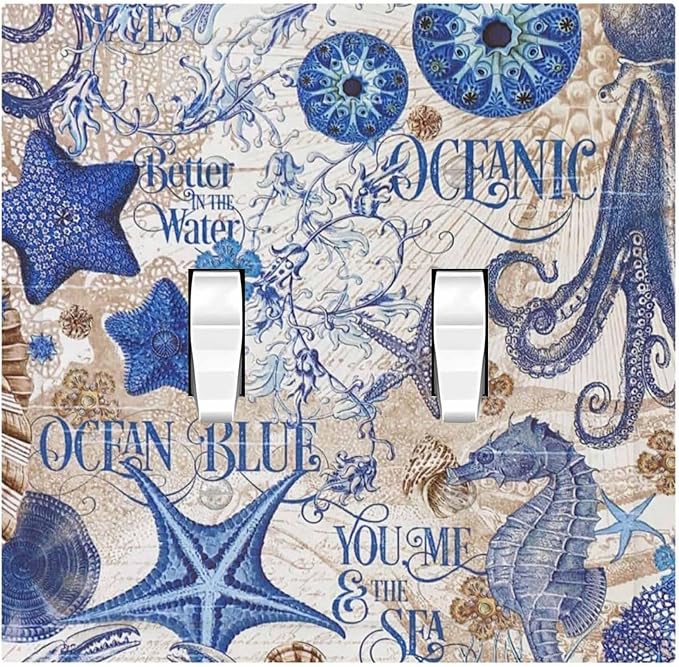 Decorative Switch Plates Vintage Sea Blue Seahorse Starfish Octopus 2 Gang Double Toggle Outlet Light Switch Cover Wall Plate Electrical Faceplate For Kids Room Home Decor