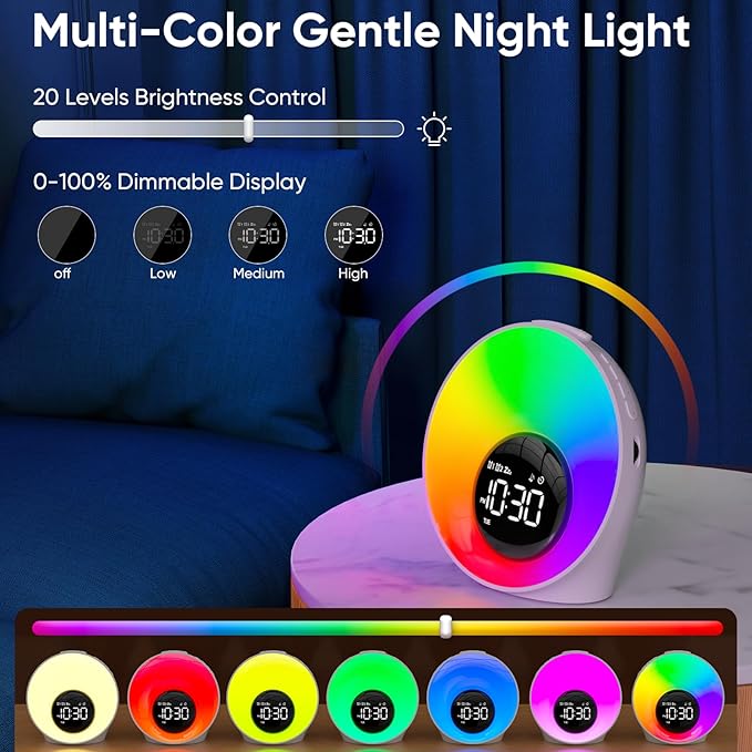 AFEXOA Wake Up Light Sunrise Alarm Clock - Sunrise Simulation & White Noise Machine with 30 Soothing Sounds, 14 Color Dimmable Night Light, Digital Dual Alarms for Heavy Sleepers/Adults/Kids(White)
