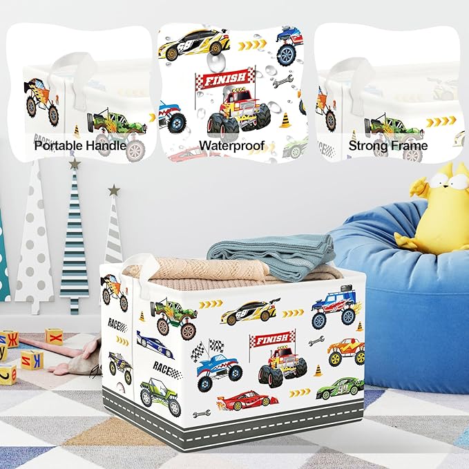 Clastyle City Car Baby Laundry Hamper Kid Storage Basket Boy Gift Toy Box Collapsible Clothes Organizer Nursery Bin for Bedroom,Monster Truck,40 * 30 * 30 cm