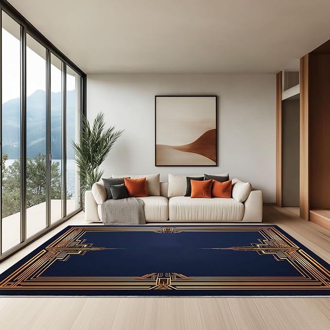 Dark Washable Area Rug Geometric Gold Rectangle Frame 4 x 6 ft Carpet, Soft Flannel Non Slip Floor Carpet for Living Room Bedroom Throw Runner Rugs