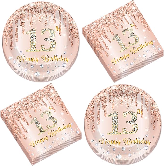 50Pcs Rose Gold 13th Birthday Party Plates and Napkins Girls Rose Gold 13th Birthday Party Decorations Happy 13th Birthday Party Tableware Set Serves 25 Guest Pink Girls 13th Birthday Party Supplies