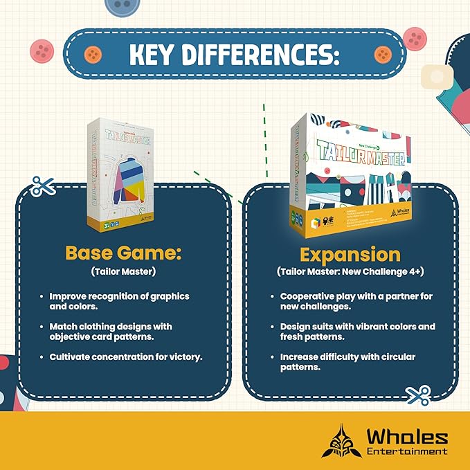 Whales Entertainment| Tailor Master New Challenge Expansion 4+| Preschool Memory & Matching Game for Kids| Educational Board Game| 2 Player Competitive Board Gameplay,Fun Games for Kids & Parents