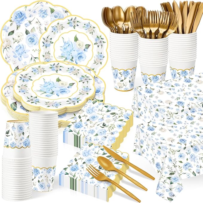 Pickmesh 194 Pcs Blue Floral Party Supplies for 24 Guests, Spring Floral Paper Plates and Napkins Cups Tablecloth Cutlery for Women Birthday Tea Bridal Shower Garden Party Supplies