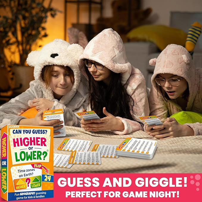 QUOKKA Trivia Board Games for Kids and Adults – Family Board Games for Family Game Night – Higher or Lower Trivia Cards for Kids 8-12 – Guess Fun Questions – Geography Card Game for Families&Teens