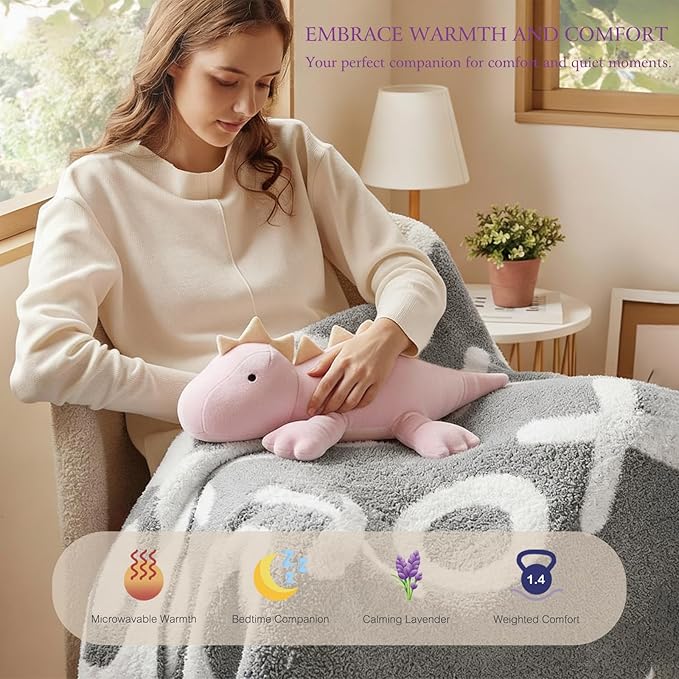 KOWSI® Microwavable Heating Pad Purple Stegosaurus Plush - 1.4 Lb Weighted Stuffed Animal Toy with Tourmaline Beads & Lavender - 16" Squished Long Dinosaur Pillow - Lumbar Back Cushion Lasting Warmth