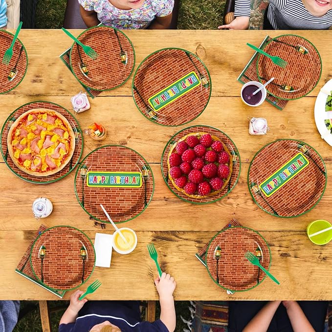 Grencian 96 Red Brick Wall Street Party Supplies Modern Cartoon Sesame Plates and Napkins Tableware Sets Sesame Birthday Disposable Plate for Kids Birthday Baby Shower Serves 24