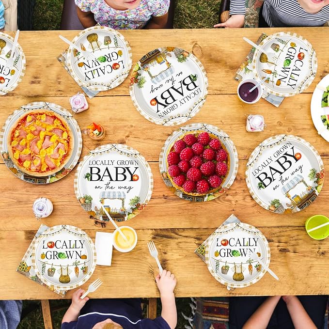 Grencian 96Pcs Locally Grown Baby Shower Decorations Farmers Market Party Plates and Napkins Vegetable Theme Disposable Tableware for Food Market Party Baby Shower Decorations Serves 24