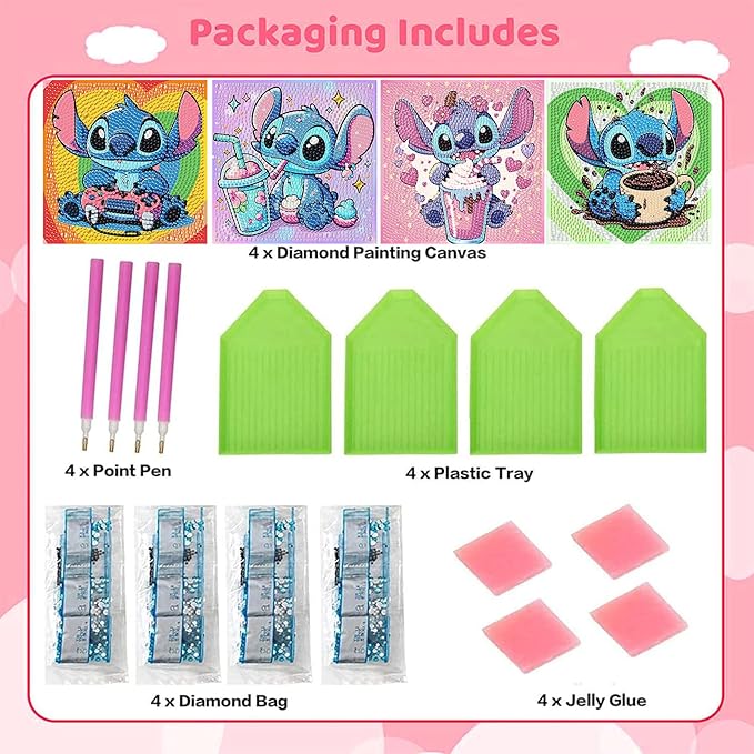 KOJEFCV 4 PCS Diamond Art Painting Kits for Kids, Cartoon Diamond Art for Kids Ages 4-8-12, Cartoon Gem Painting Kit Crafts Beginners for Gift Home Wall Decor (6x6 inch)