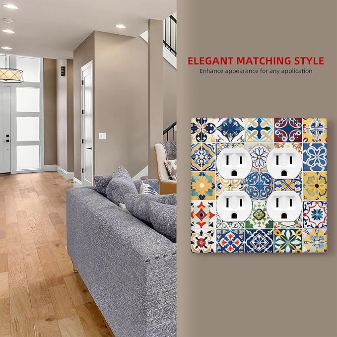 Outlet Covers Moroccan Traditional Mexican Talavera Til 2 Gang Double Duplex Decorative Light Switch Covers Electrical Wallplates Socket Faceplate for Kitchen Home Decor