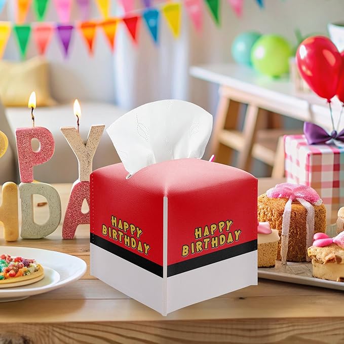 Happy Birthday Tissue Box Cover, Red and White Tissue Box Holder Square Leather Facial Paper Organizer, Themed Birthday Party Baby Shower Tableware Decorations