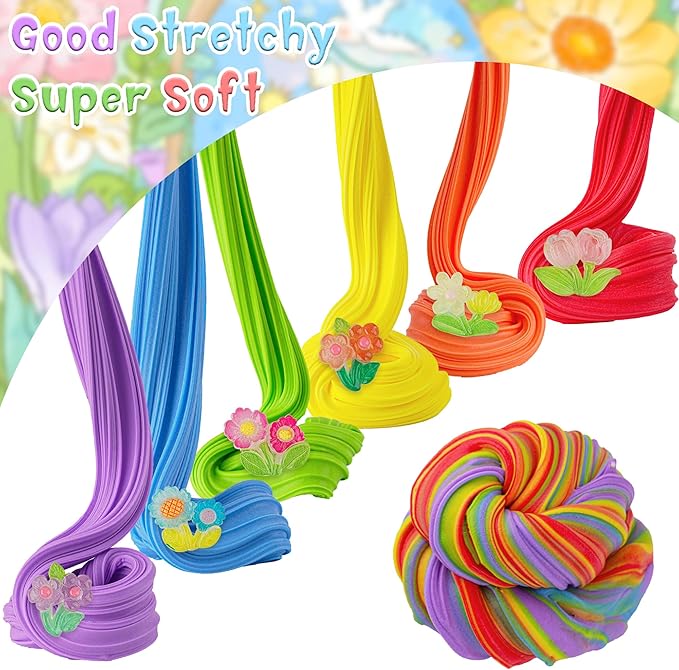 6 Pack Butter Slime Kit, Rainbow Slime for Kids, with Flower Slime Charms & Add-ins, Slime Party Favors Sensory Toys, Holiday Birthday Easter Hallowmas Christmas Girls Gift & Boys Gift