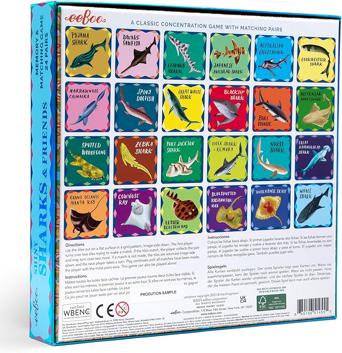 eeBoo: Memory & Matching Game- Shiny Sharks & Friends - 24 Matching Pairs, Educational Preschool Game, Kids Ages 3+, 1-4 Players